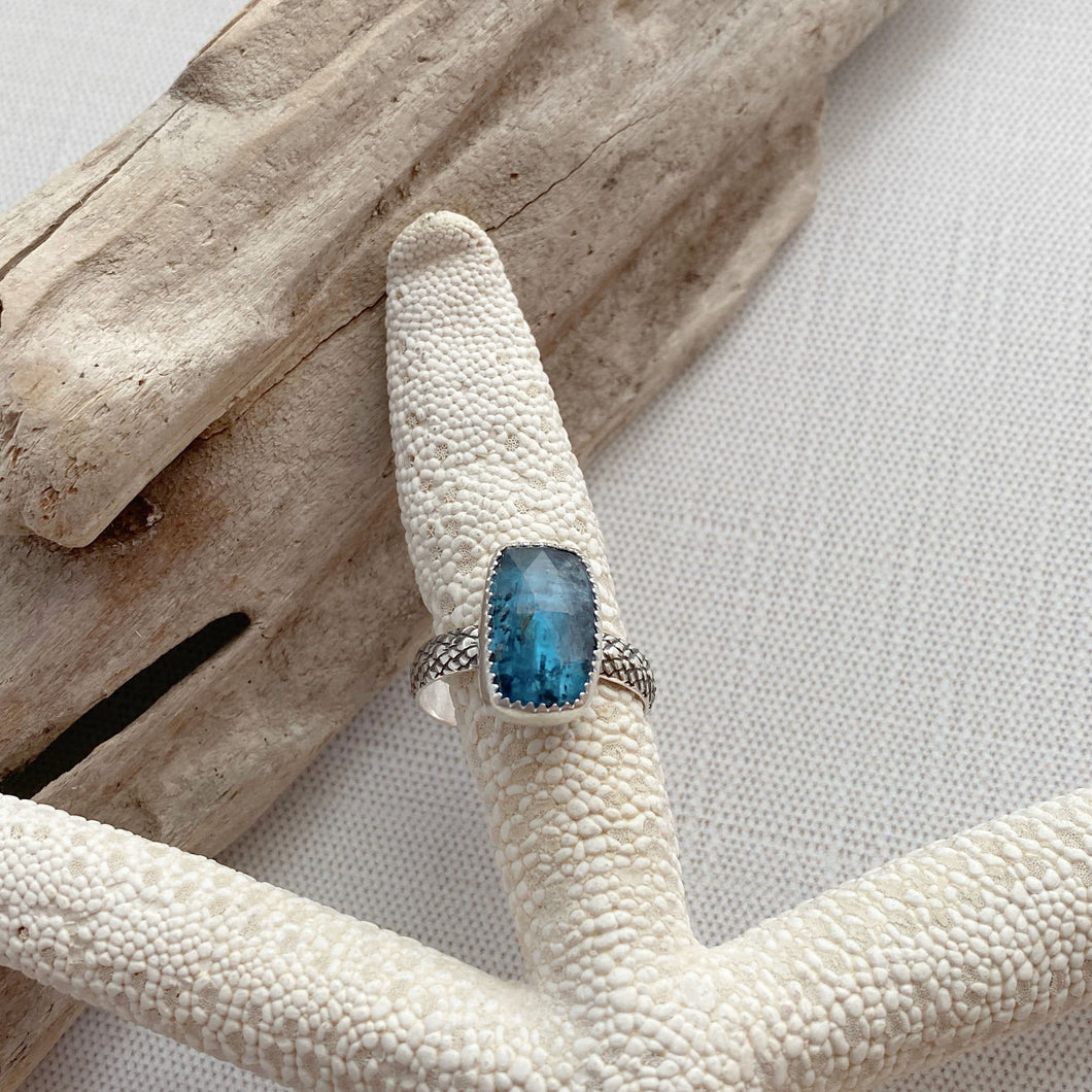Kyanite gemstone ring with mermaid scale band - sterling silver - size 8