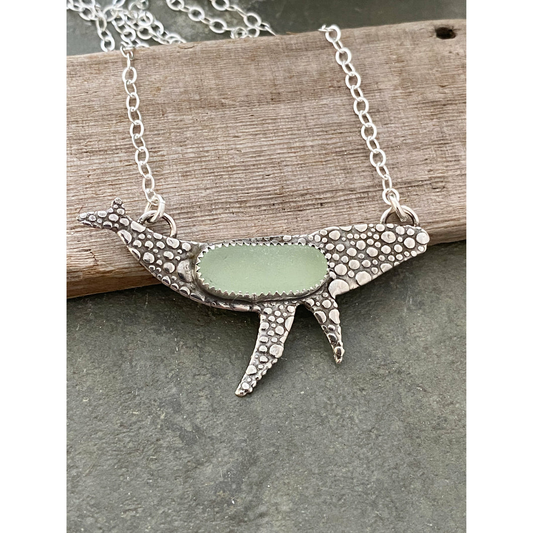 Humpback whale necklace - sterling silver with sea glass - genuine seafoam green sea glass