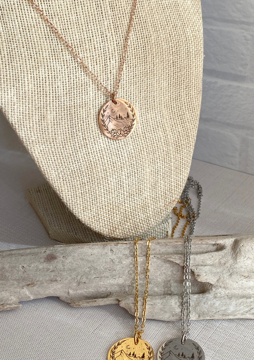 Floral Mountains, tree moon and stars Necklace - Birthday Gift for her - Stainless steel silver, rose gold, gold - gift for outdoor lover