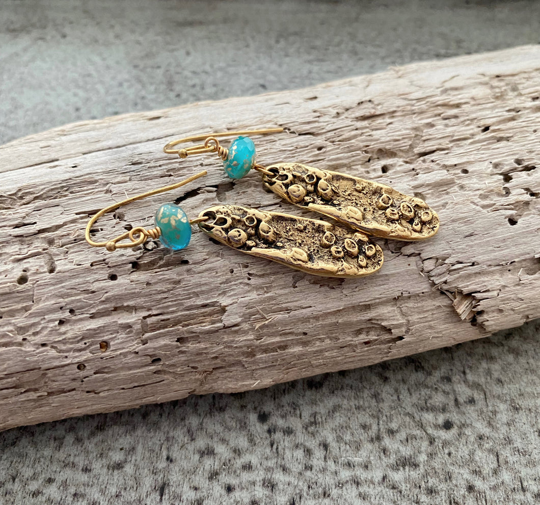 Mussel Shell Earrings - gold with aqua Czech glass beads - dangle earrings