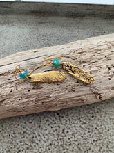 Load image into Gallery viewer, Mussel Shell Earrings - gold with aqua Czech glass beads - dangle earrings
