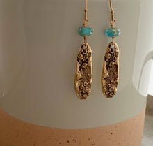 Load image into Gallery viewer, Mussel Shell Earrings - gold with aqua Czech glass beads - dangle earrings
