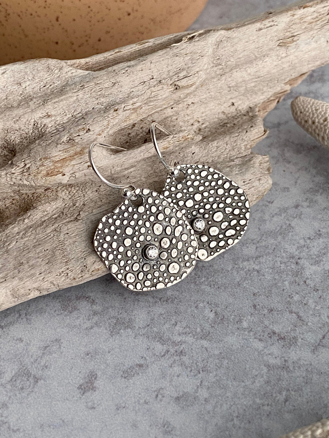 Sterling silver Pebble earrings with clear cubic zirconia, dangle earrings organic coin shape