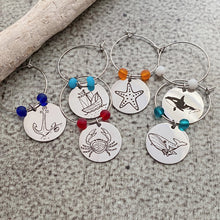 Load image into Gallery viewer, Beach Theme Wine Glass Charms - Stainless Steel set of 6 with recycled glass beads
