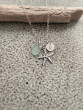 Load image into Gallery viewer, Personalized Charm Necklace with Sterling Silver Starfish Sea Glass and Initial Charm Made to Order Wedding Bridesmaid Gift, Seafoam, Mint
