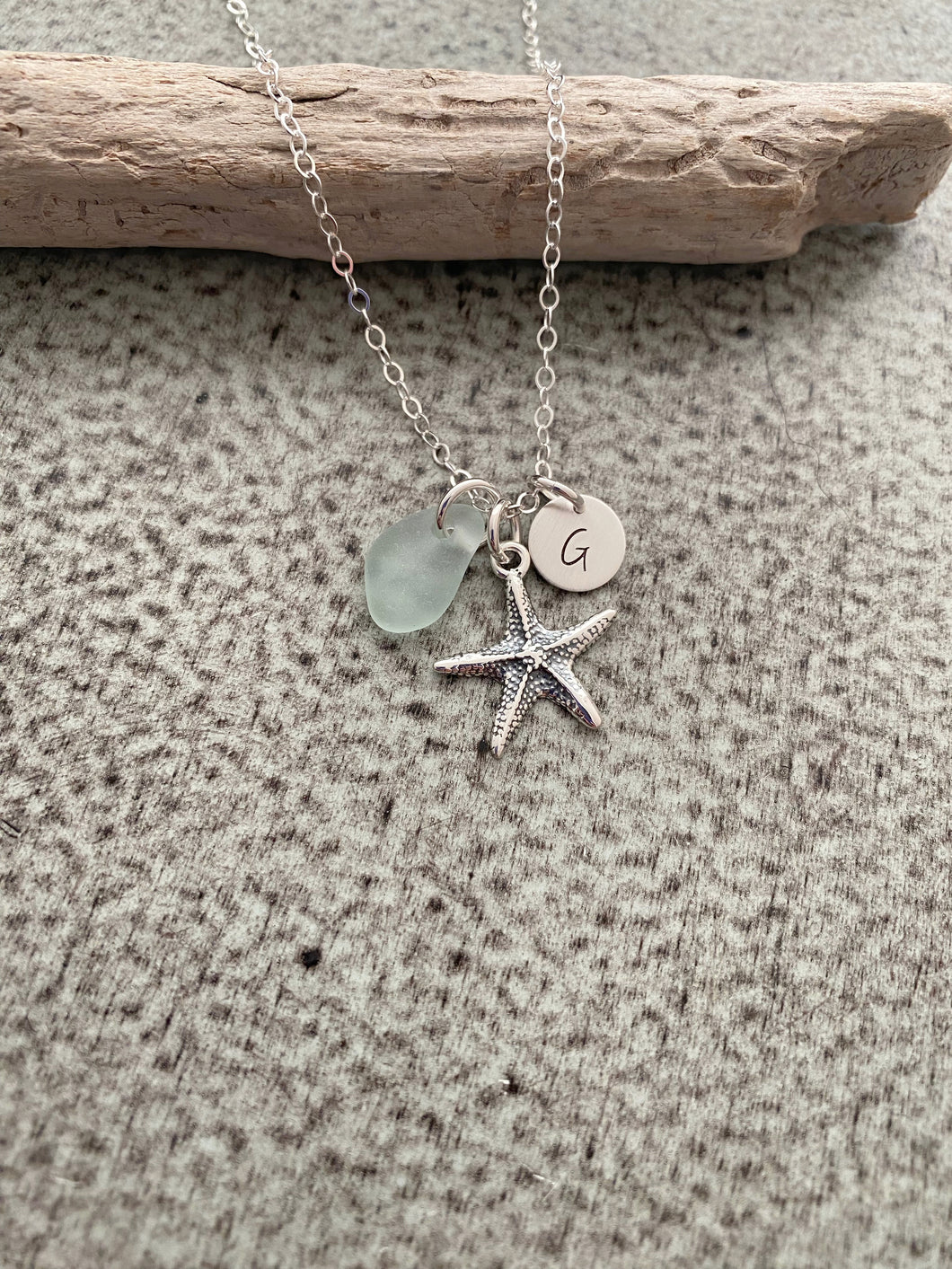 Personalized Charm Necklace with Sterling Silver Starfish Sea Glass and Initial Charm Made to Order Wedding Bridesmaid Gift, Seafoam, Mint