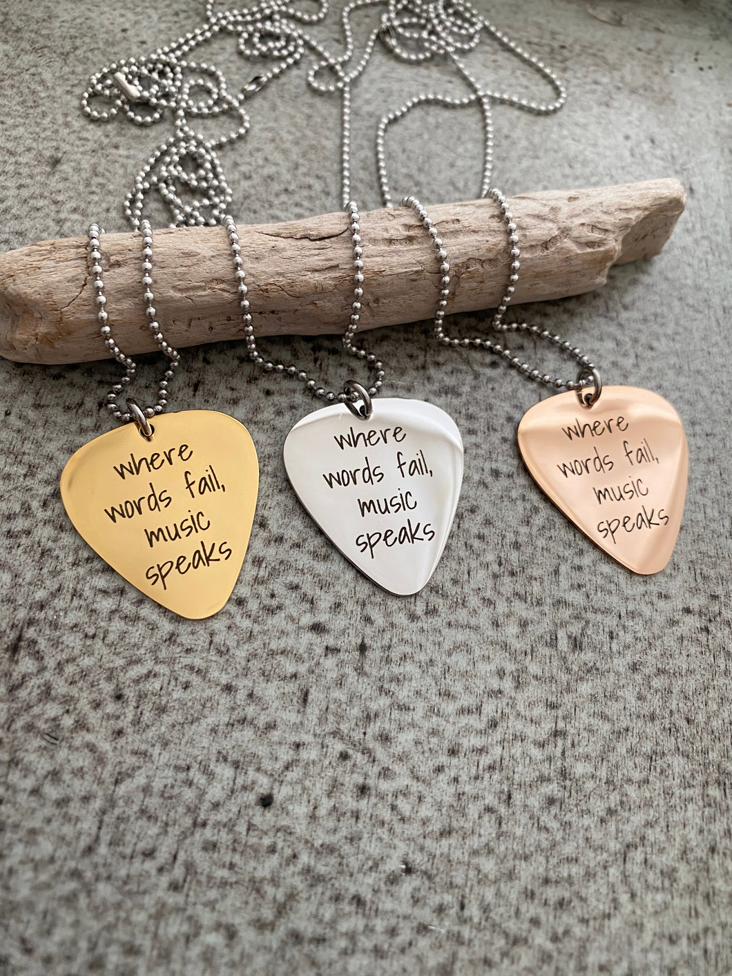 where words fail, music speaks - engraved stainless steel guitar pick necklace - stainless steel ball chain - gift for music lover