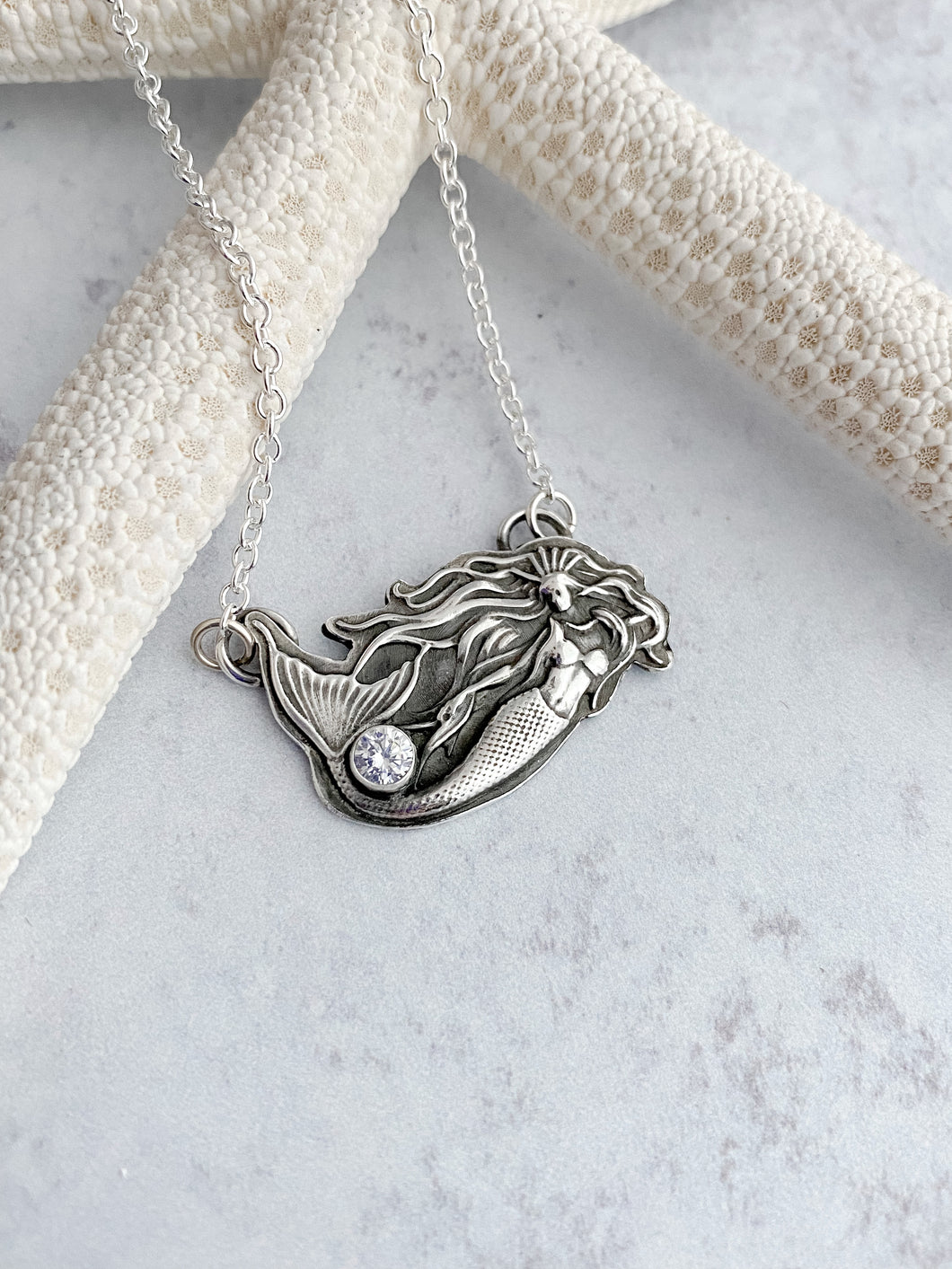 sterling silver mermaid pendant with clear Cubic zirconia