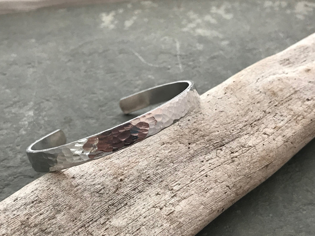 Hammered textured silver aluminum cuff bracelet 1/4 x 6 inch