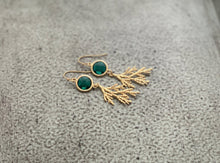 Load image into Gallery viewer, Cypress Leaf Earrings - Gold and Emerald Green  glass long dangle earrings
