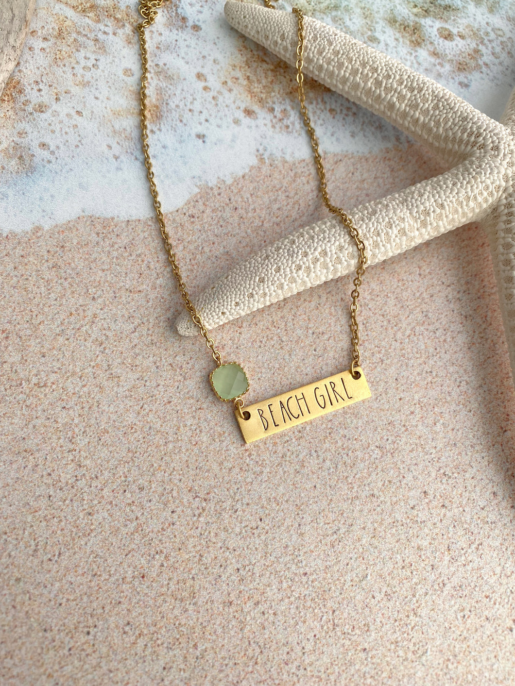 Beach girl necklace - gold pewter with seafoam glass gem - horizontal bar necklace