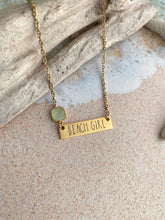 Load image into Gallery viewer, Beach girl necklace - gold pewter with seafoam glass gem - horizontal bar necklace
