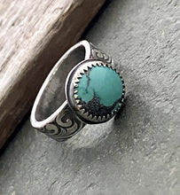 Load image into Gallery viewer, Turquoise Ring - Sterling silver with Floral Scroll band - US Size 6.5
