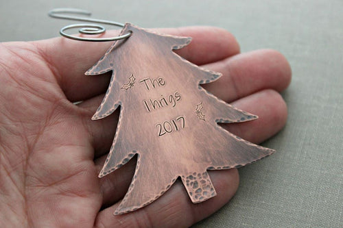 Rustic Copper Christmas Tree Ornament - Personalized with Family name and Year - Holly design - Custom Made to order - Gift idea new couple