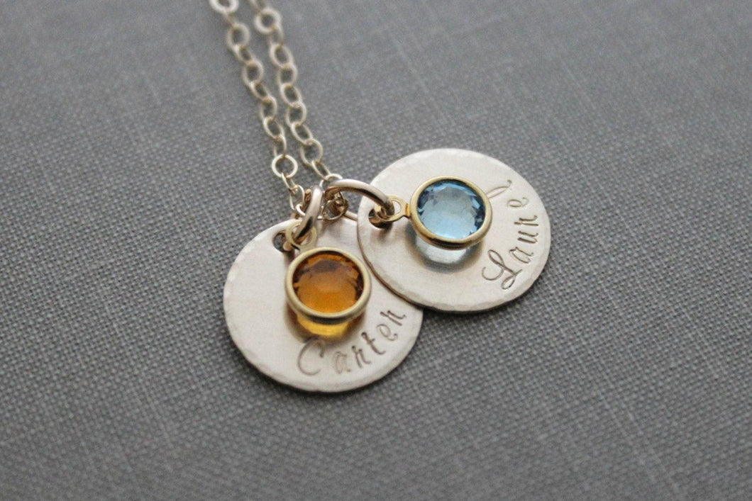 14k Gold filled Disc necklace  with Two Names and Swarovski Crystal Birthstones, Hand Stamped, Mommy Jewelry, Custom, Christmas Gift