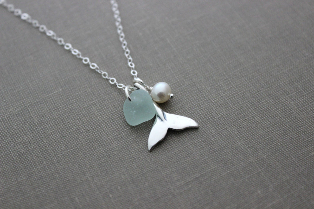 Whale tail Necklace with Genuine Sea glass and Freshwater pearl, Sterling Silver Beach Jewelry, Eco Friendly Fashion mermaid choice of color