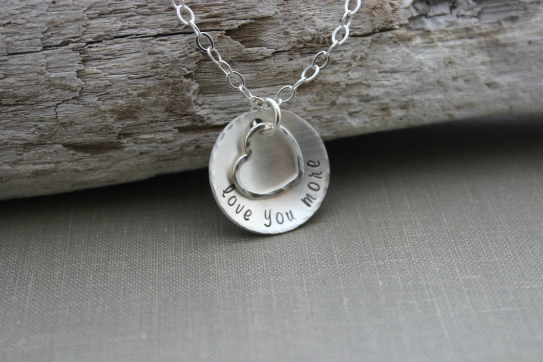 love you more necklace, all sterling silver, hammered heart charm and hammered cupped hand stamped sterling disc, Christmas gift for her