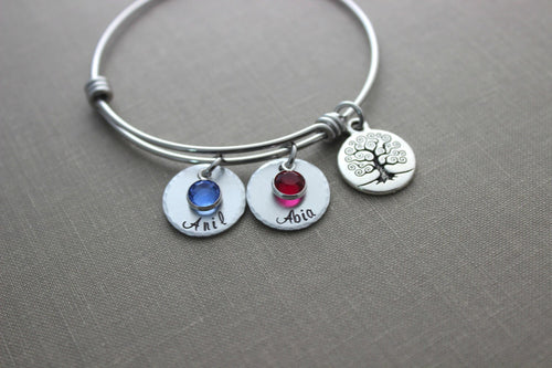 Children's name Bracelet with Family Tree - Hand stamped - stainless steel bracelet - Swarovski crystal birthstones wire bangle gift for Mom