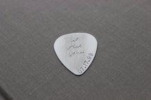 Load image into Gallery viewer, I pick you Sterling silver guitar pick, Cursive style Hand Stamped Guitar Pick, Playable, Plectrum 24 gauge, Gift for him, Anniversary
