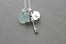 Load image into Gallery viewer, Sterling Silver Fancy Cross Charm Necklace with Genuine Sea Glass - Personalized Initial Charm - Confirmation Gift Idea - Faith - Hope
