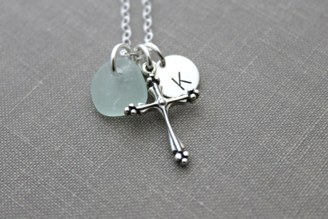 Sterling Silver Fancy Cross Charm Necklace with Genuine Sea Glass - Personalized Initial Charm - Confirmation Gift Idea - Faith - Hope