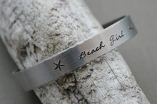 Load image into Gallery viewer, Beach Girl, Hand stamped aluminum bracelet, 3/8 Inch Bangle Silver tone Cuff Bracelet, Lightweight, Starfish, summer jewelry

