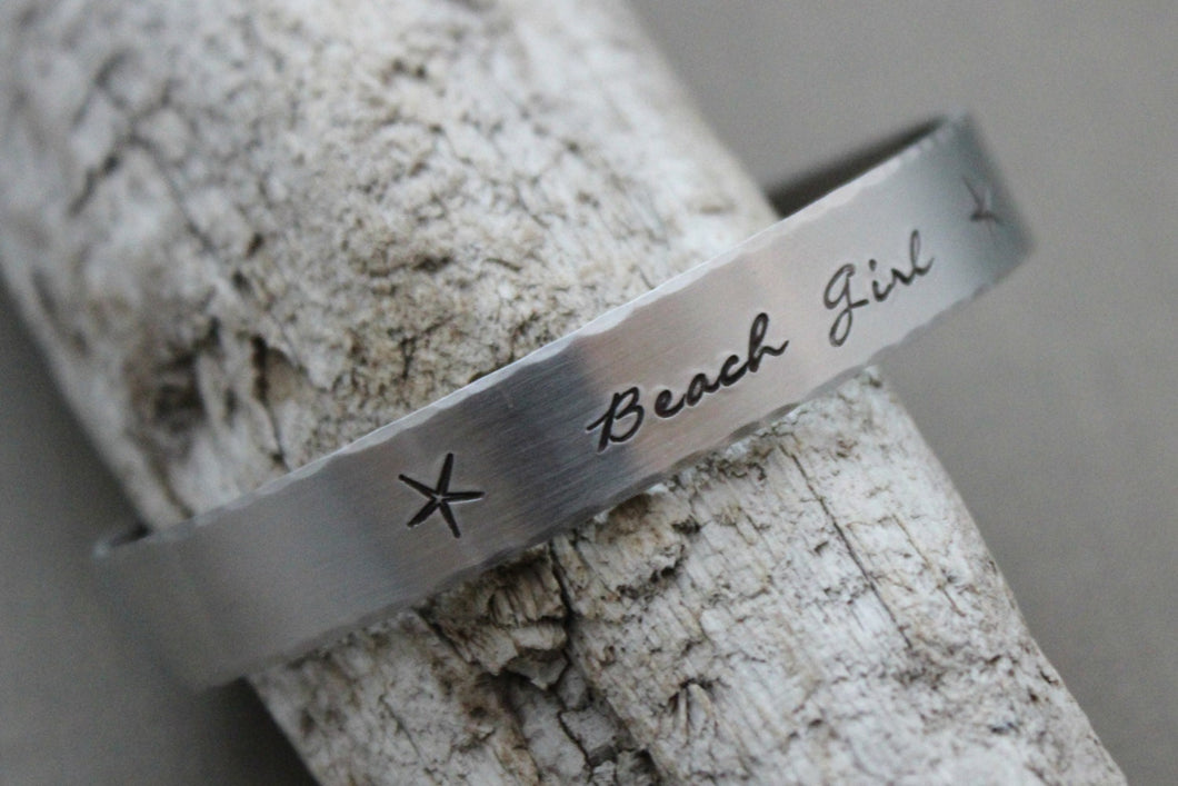 Beach Girl, Hand stamped aluminum bracelet, 3/8 Inch Bangle Silver tone Cuff Bracelet, Lightweight, Starfish, summer jewelry