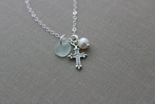 Load image into Gallery viewer, Sterling Silver small Cross, Genuine sea glass and White Freshwater Pearl Necklace - all sterling silver, faith necklace, Beach jewelry
