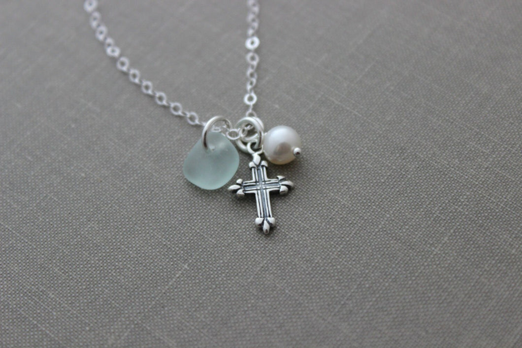 Sterling Silver small Cross, Genuine sea glass and White Freshwater Pearl Necklace - all sterling silver, faith necklace, Beach jewelry