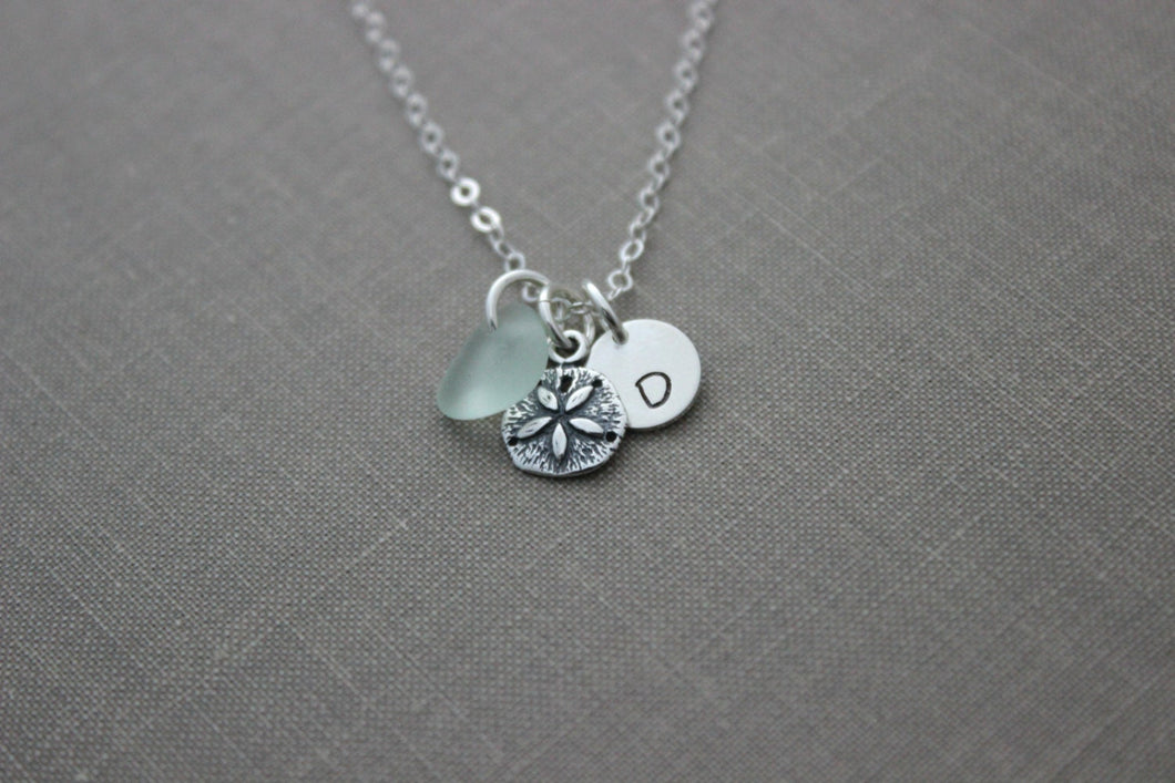 Sterling Silver Sand Dollar charm necklace with genuine  Sea Glass and Initial Charm,  Made to Order, Wedding Bridesmaid Gift, Personalized