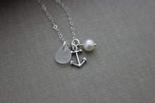 Load image into Gallery viewer, Charm Necklace with Sterling Silver Anchor, Sea Glass and White Freshwater Pearl, Wedding Bridesmaid Gift, Personalize, Choose Your Color
