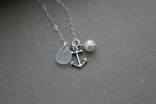 Charm Necklace with Sterling Silver Anchor, Sea Glass and White Freshwater Pearl, Wedding Bridesmaid Gift, Personalize, Choose Your Color