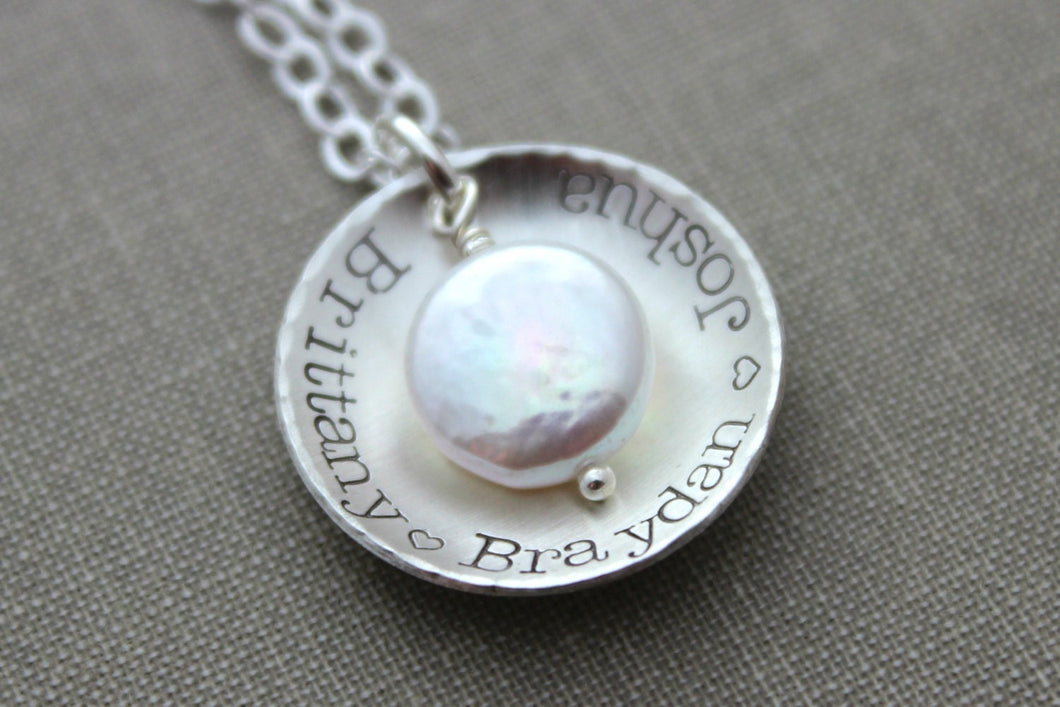 Sterling Silver name Necklace - Cupped Disc with Freshwater coin pearl and personalized names - Gift for Grandma - Nana - Mom jewelry