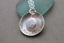 Load image into Gallery viewer, Sterling Silver name Necklace - Cupped Disc with Freshwater coin pearl and personalized names - Gift for Grandma - Nana - Mom jewelry
