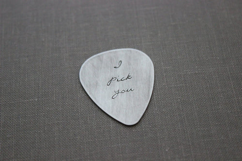 I pick you Sterling silver guitar pick, Cursive style Hand Stamped Guitar Pick, Playable, Plectrum 24 gauge, Gift for him, Anniversary