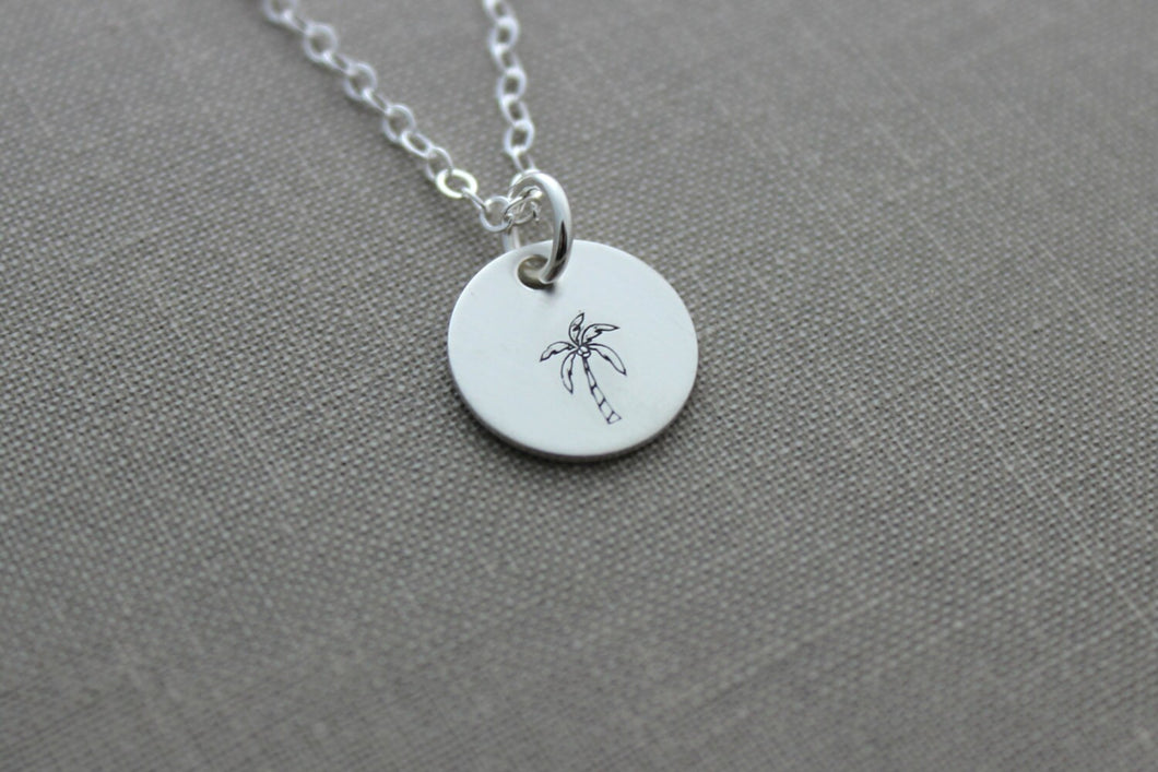 Sterling Silver Palm Tree Necklace with Coconuts, Hand Stamped Sterling Disc, Tropical Necklace, Satin Finish, Simple Beach Necklace