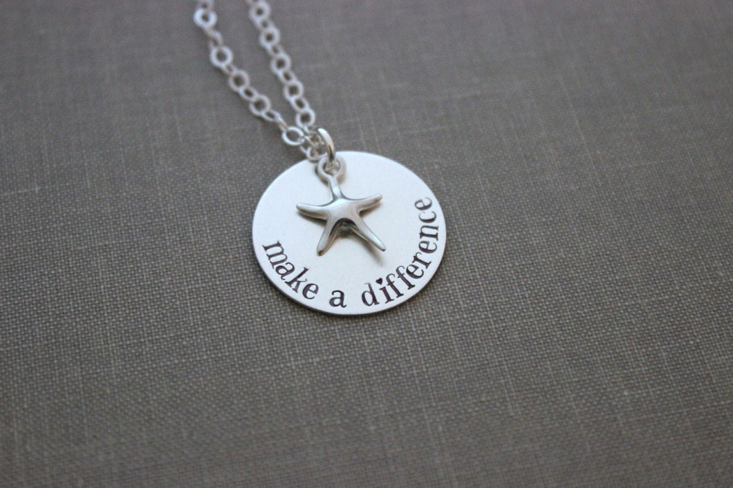 make a difference - the starfish story - all .925 sterling silver necklace - hand stamped Beach Jewelry - Teacher Appreciation Gift -