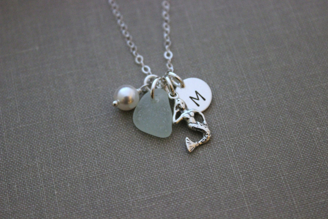 Mermaid Necklace, Sterling Silver with genuine Sea Glass, Personalized Initial Charm Necklace, Swarovski Crystal Pearl  Beach Jewelry