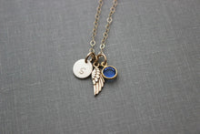 Load image into Gallery viewer, Angel wing necklace gold or silver Personalized Initial disc and Swarovski crystal birthstone charm, 14k gold filled or sterling Memorial
