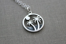Load image into Gallery viewer, Palm Tree Sun Beach Scene Charm Necklace, 925 Sterling Silver Beach Jewelry - Sterling silver cable chain - Minimalist - Darkened Silver
