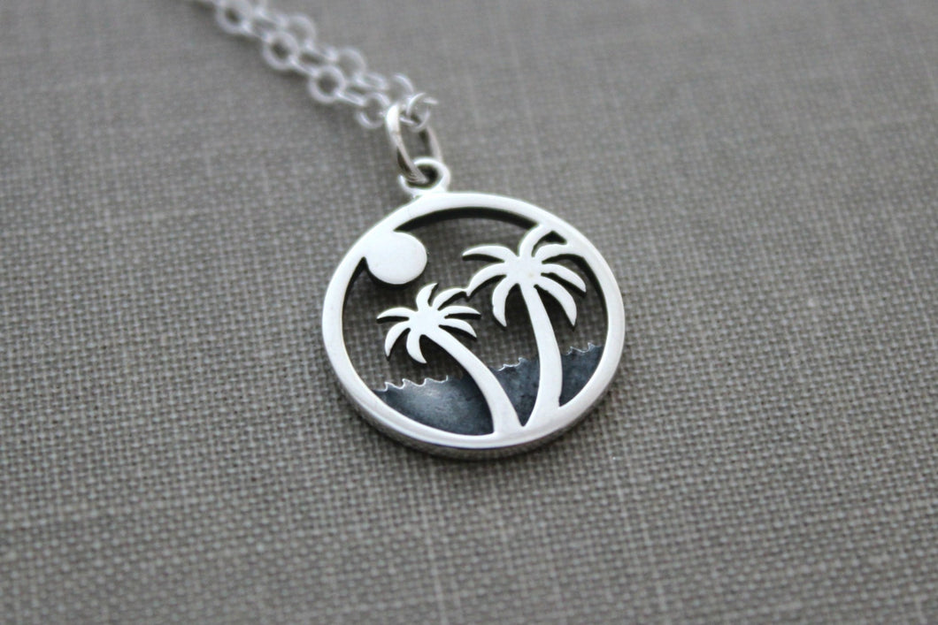 Palm Tree Sun Beach Scene Charm Necklace, 925 Sterling Silver Beach Jewelry - Sterling silver cable chain - Minimalist - Darkened Silver