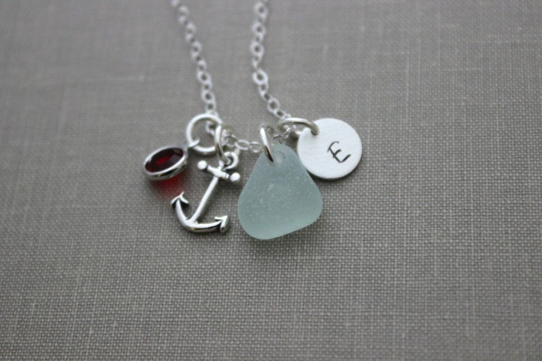Personalized Sterling Silver Anchor charm necklace - Genuine sea glass - Custom Initial Charm, Swarovski crystal birthstone, hand stamped
