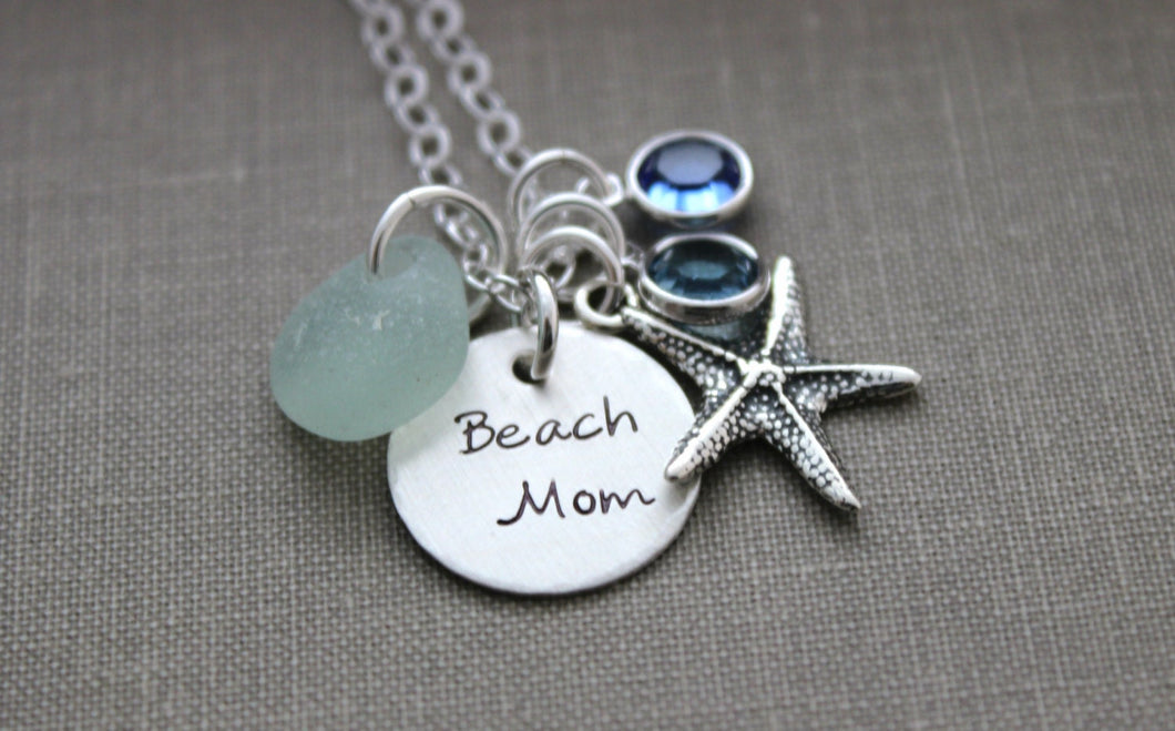 Beach Mom Necklace - Sterling silver - Hand Stamped - Starfish Charm - Genuine Sea Glass - Swarovski Crystal Birthstones - Beach Jewelry