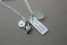 Load image into Gallery viewer, Personalized beach necklace - the ocean is calling - Sterling silver - Genuine Sea Glass - Rectangle Bar Charm -  Initial - Sea turtle charm
