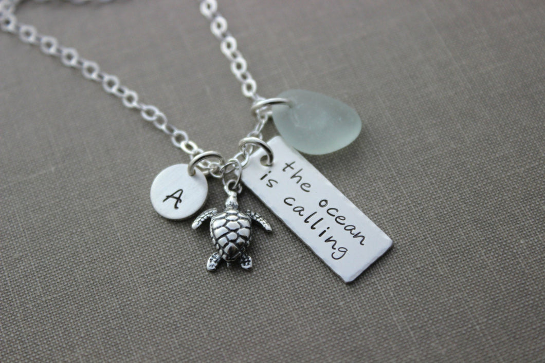 Personalized beach necklace - the ocean is calling - Sterling silver - Genuine Sea Glass - Rectangle Bar Charm -  Initial - Sea turtle charm