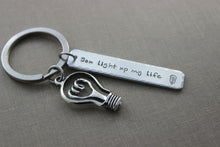 Load image into Gallery viewer, You light up my life aluminum silver Hand Stamped Keychain Long Rectangle, lightbulb with heart gift for electrician - light bulb charm

