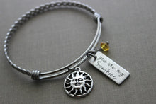Load image into Gallery viewer, you are my sunshine - Hand stamped silver stainless steel braided wire bangle bracelet - Swarovski yellow crystal with pewter sun charm

