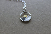 Load image into Gallery viewer, Mountain with Sun Charm Necklace, 925 Sterling Silver and bronze Jewelry - Mixed Metal - Minimalist - Darkened Silver - Sunrise - Sunset
