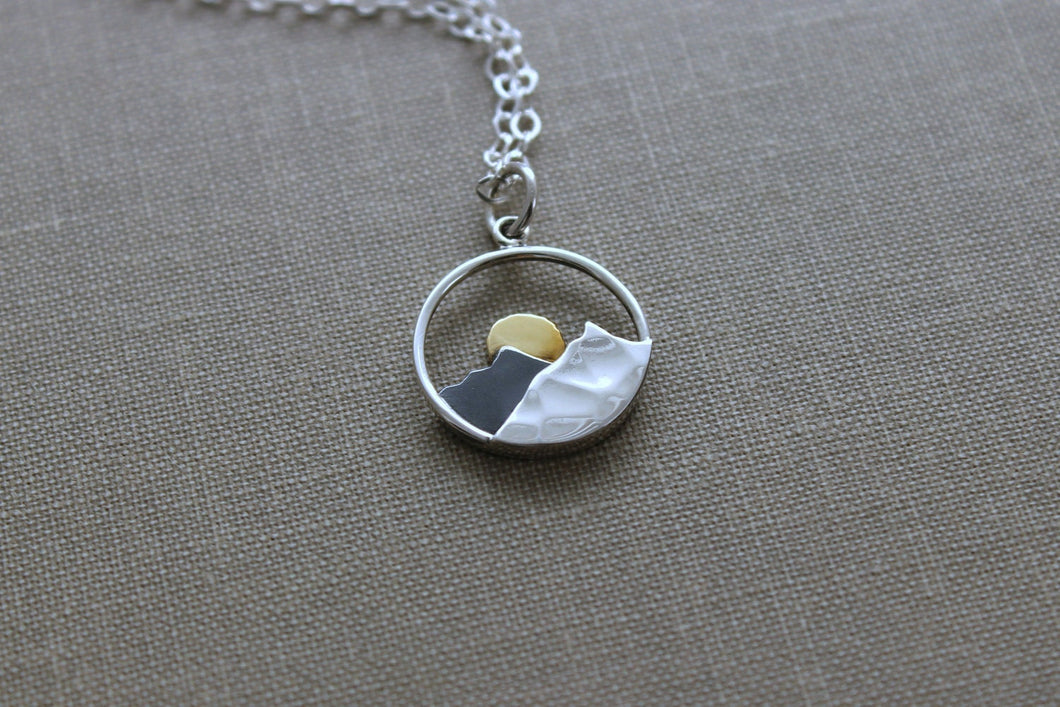 Mountain with Sun Charm Necklace, 925 Sterling Silver and bronze Jewelry - Mixed Metal - Minimalist - Darkened Silver - Sunrise - Sunset