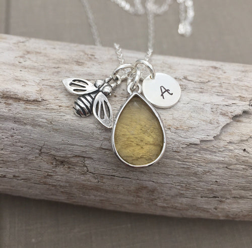 Sterling Silver Honey bee Necklace,  teardrop yellow Glass Charm with Sterling Initial, Personalized - honey yellow - insect jewelry